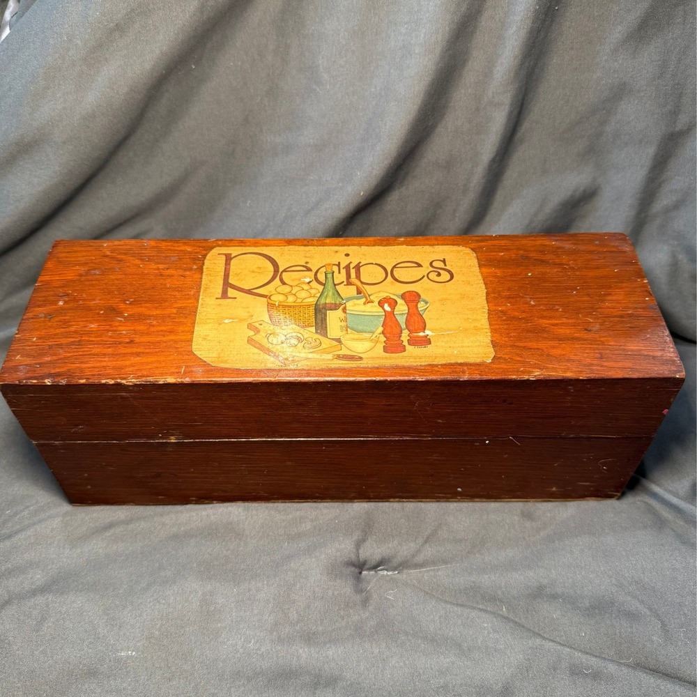 Vintage Wooden Recipe Box Hinged Lid Kitchen Storage Rustic‎ Decor